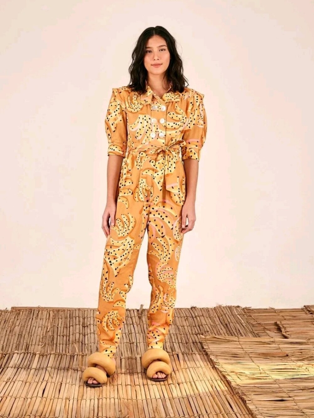 Farm Rio Raining Banana Puffy Sleeve Jumpsuit